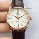 Copy Rolex Geneve Cellini Watch Rose Gold Brown Leather Band White Roman Dial